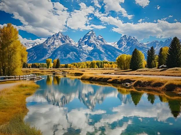 A lake with trees and mountains in the background

Description automatically generated